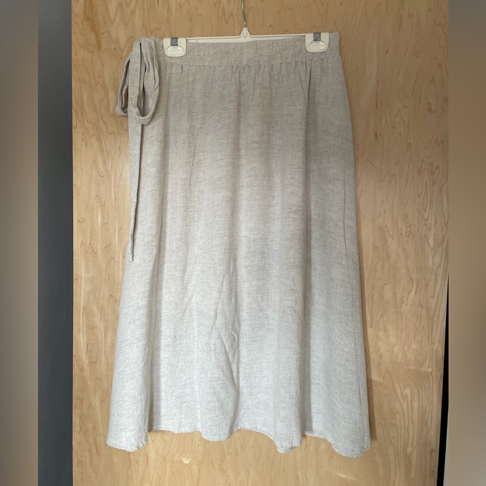 Neutral Tie-Waist Linen-Blend Midi Skirt - Light Beige